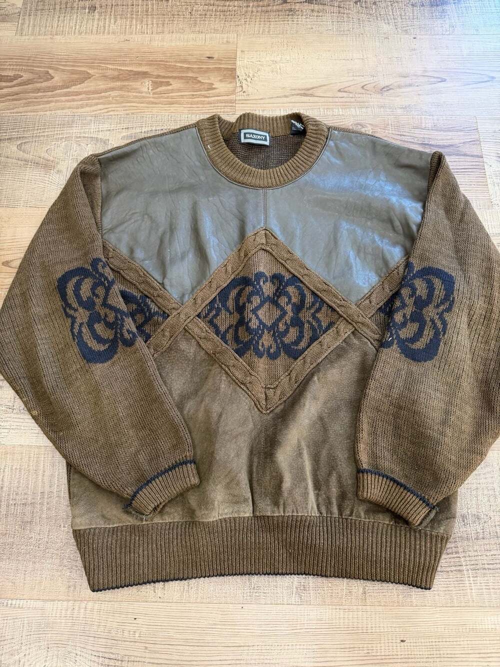 Vintage Saxony Genuine Leather Suede Trim Knit Sweater Coogie Style Grandpa